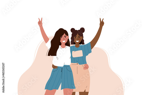 Vector illustration of multicultural girls. Multicultural friendship. Happy friendship day. Teenage girl hugging. Friends having fun. Teenage having fun. Best friends. Banner.International friendship.