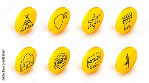 Set line Dagger, Pointer to wild west, Old wooden wheel, Gold bars, Drum, Hexagram sheriff, Cowboy bandana and Indian teepee or wigwam icon. Vector