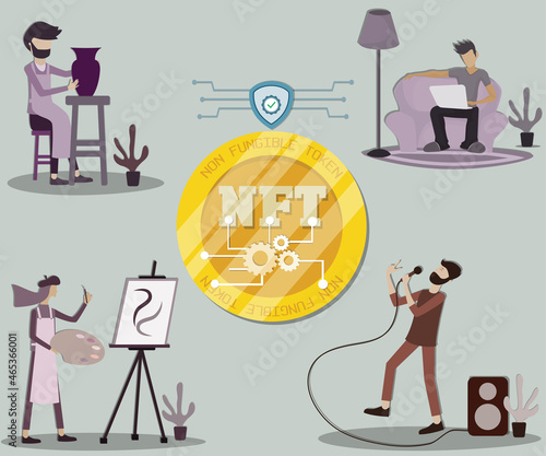 Flat design of digital technology,Many person create their work and convert them to NFT - vector