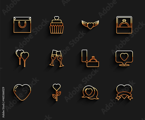 Set line Heart, shape in flower, Shopping bag, speech bubble, Glass of champagne, Like and heart and Diamond engagement ring icon. Vector