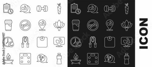 Set line Bottle of water, Bodybuilder muscle, Lotus flower, Dumbbell, No Smoking, Glass with, Sport training program and icon. Vector