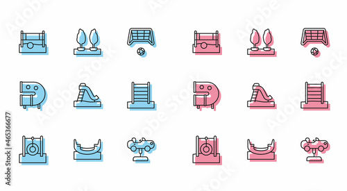 Set line Car tire hanging on rope, Boat swing, Volleyball net with ball, Swing car, Kid slide, Swedish wall, playground pipe and Forest icon. Vector