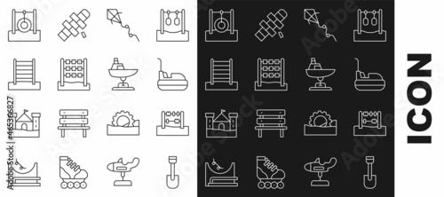 Set line Shovel toy, Abacus, Bumper car, Kite, Tic tac toe game, Swedish wall, Car tire hanging on rope and Swing boat icon. Vector
