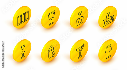 Set line Wine glass, Martini, Cocktail shaker, Glass of champagne, Whiskey bottle and, Tequila, and Shot icon. Vector