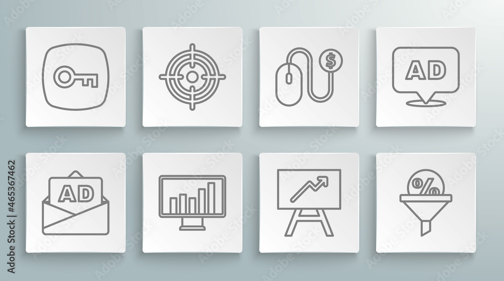 Set line Advertising, Target, Monitor with graph chart, Board, Lead management, and Key icon. Vector Set line Advertising, Target, Monitor with graph chart, Board, Lead management, and Key icon. Vector