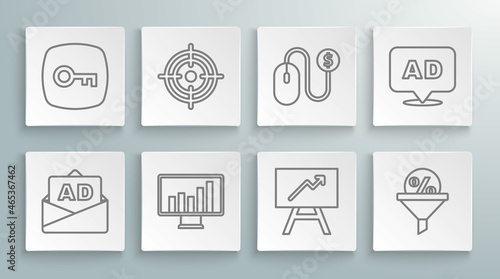 Set line Advertising, Target, Monitor with graph chart, Board, Lead management, and Key icon. Vector