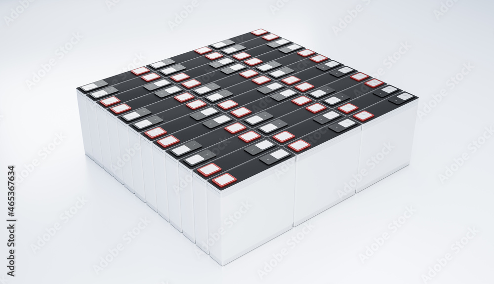 Lithium NMC rechargeable battery stacked for electric vehicle energy storage, new LFP lithium-ion prismatic cell pack manufacturing industry 3D rendering illustration Lithium NMC rechargeable battery stacked for electric vehicle energy storage, new LFP lithium-ion prismatic cell pack manufacturing industry 3D rendering illustration
