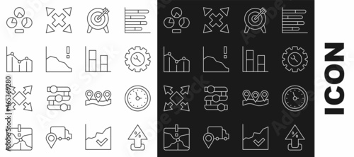 Set line Percent up arrow, Clock, Wrench and gear, Target, Financial growth decrease, Pie chart infographic, and Graph, chart, diagram icon. Vector