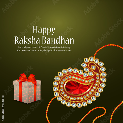 Raksha bandhan celebration greeting card with crystal rakhi and pooja thali