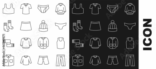 Set line Pants, Undershirt, Men underpants, Skirt, Socks, and Winter hat icon. Vector