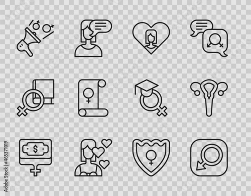 Set line Money growth woman, Male gender, Heart with female, Love yourself, Feminist activist, Feminism, Gender shield, Female and reproductive system icon. Vector