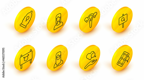 Set line Packaging of birth control pills, Heart with female gender, Muslim woman hijab, Feminist activist, Female reproductive system, and Condom icon. Vector