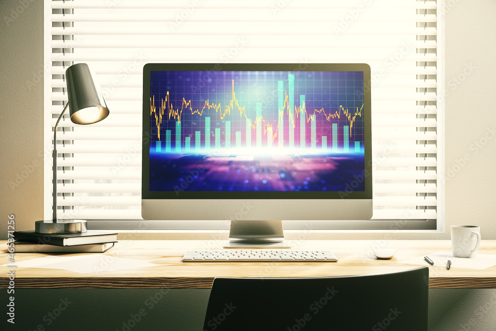 Abstract creative financial diagram on modern computer monitor, banking and accounting concept. 3D Rendering Abstract creative financial diagram on modern computer monitor, banking and accounting concept. 3D Rendering