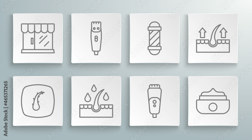 Set line Human hair follicle, Hair clipper, Oil for care treatment, Electric razor blade, Gel wax styling, Classic Barber shop pole, and Barbershop building icon. Vector Set line Human hair follicle, Hair clipper, Oil for care treatment, Electric razor blade, Gel wax styling, Classic Barber shop pole, and Barbershop building icon. Vector
