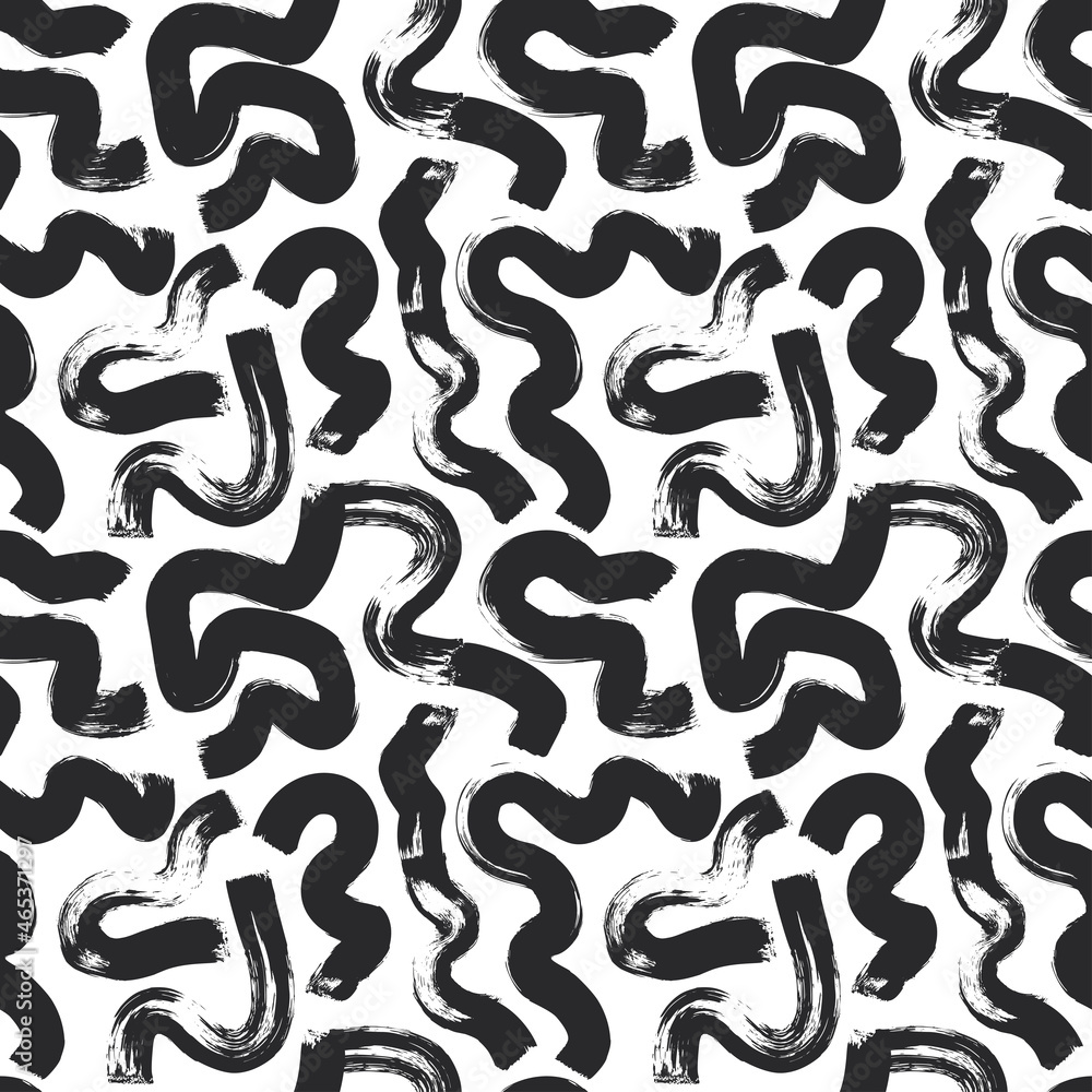 Vector wavy and swirled brush strokes seamless pattern. Stylish structure of natural cells with bold swirled lines. Seamless black and white chaotic design. Abstract geometric ornament