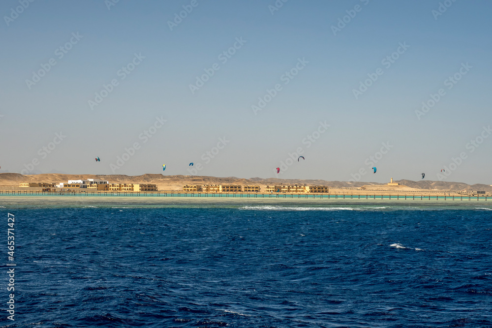 Kite surfers off the coast of Egypt in the Red Sea