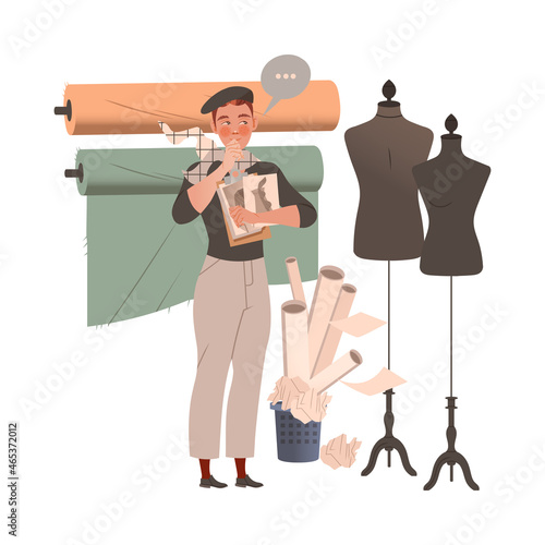 Man Fashion Designer or Tailor Holding Sketch Paper of Clothing Garment Model Standing Near Mannequin Vector Illustration.