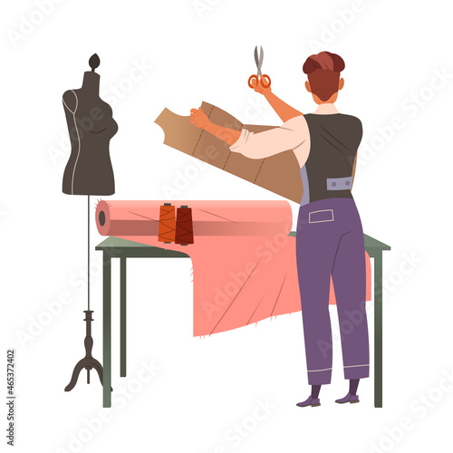 Man Fashion Designer or Tailor with Scissors Cutting Pattern of Clothing Garment Model Vector Illustration