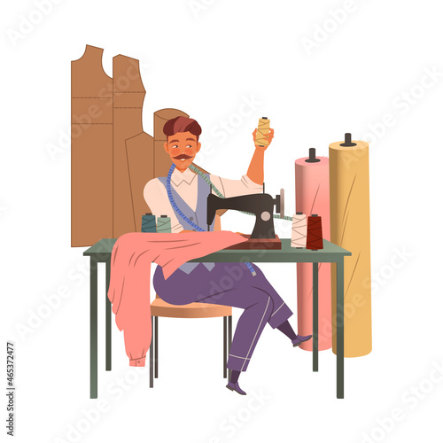 Man Fashion Designer or Tailor Working at Sewing Machine Making Clothing Garment Vector Illustration
