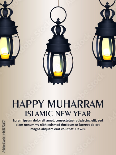 Happy muharram invitation party flyer with vector flat lantern