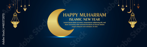 Islamic festival happy muharram banner with islamic golden lantern and moon