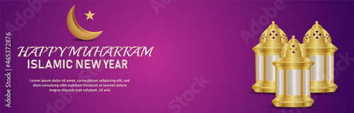 Islamic festival happy muharram banner with islamic golden lantern and moon