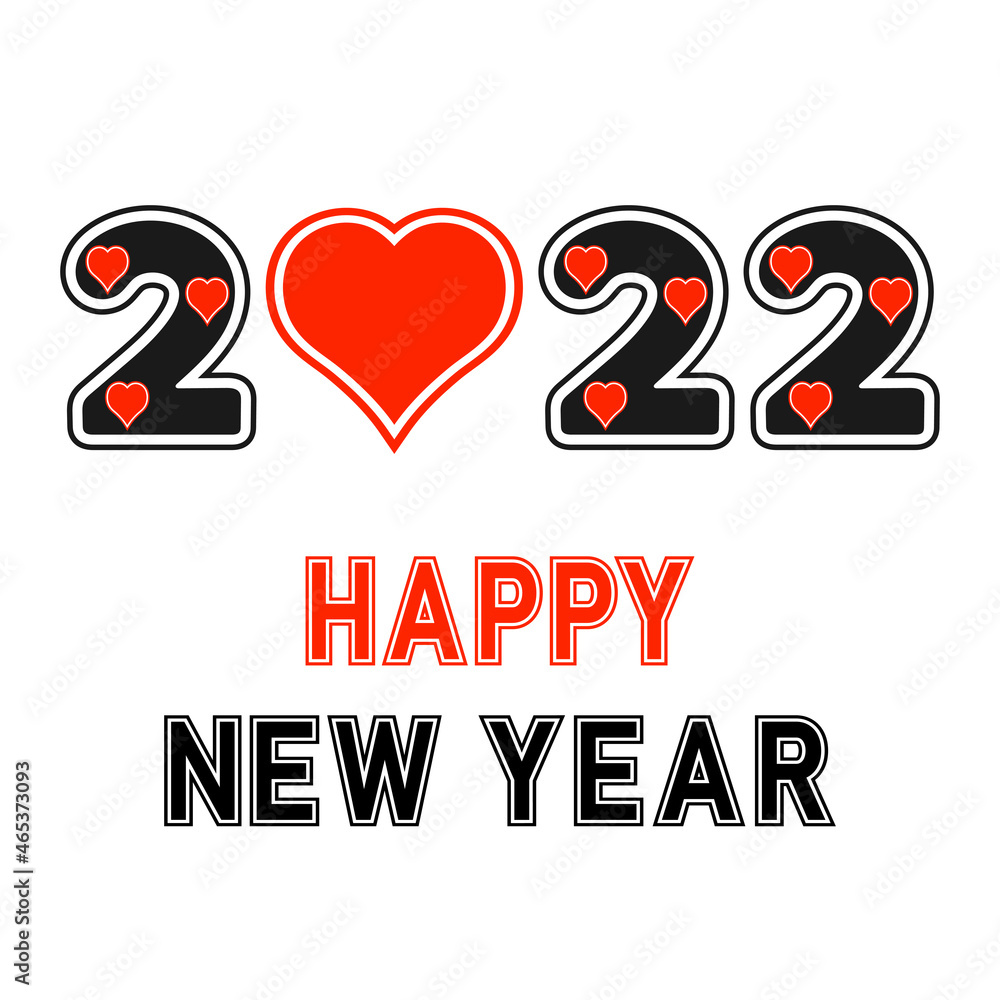 Happy new year 2022 design template text with heart illustration on white background. Happy new year 2022 design template text with heart illustration on white background.