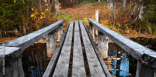 a wooden bridge over a forest lake leads to an autumn forest with fallen leaves.