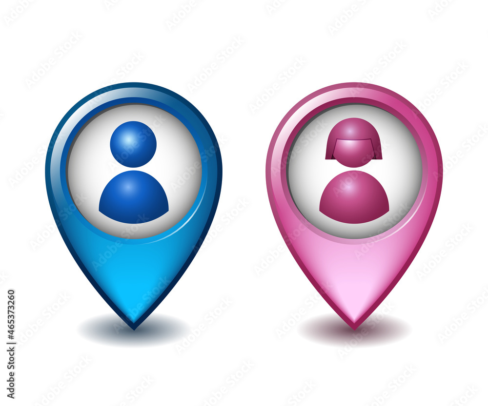 Map pointer set with male and female symbols. Pink and blue round markers. Map pointer set with male and female symbols. Pink and blue round markers.