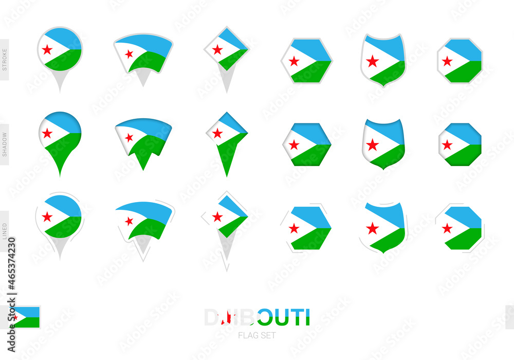 Collection of the Djibouti flag in different shapes and with three different effects.