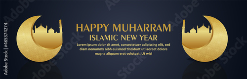Happy muharram celebration banner or header with golden moon and mosque