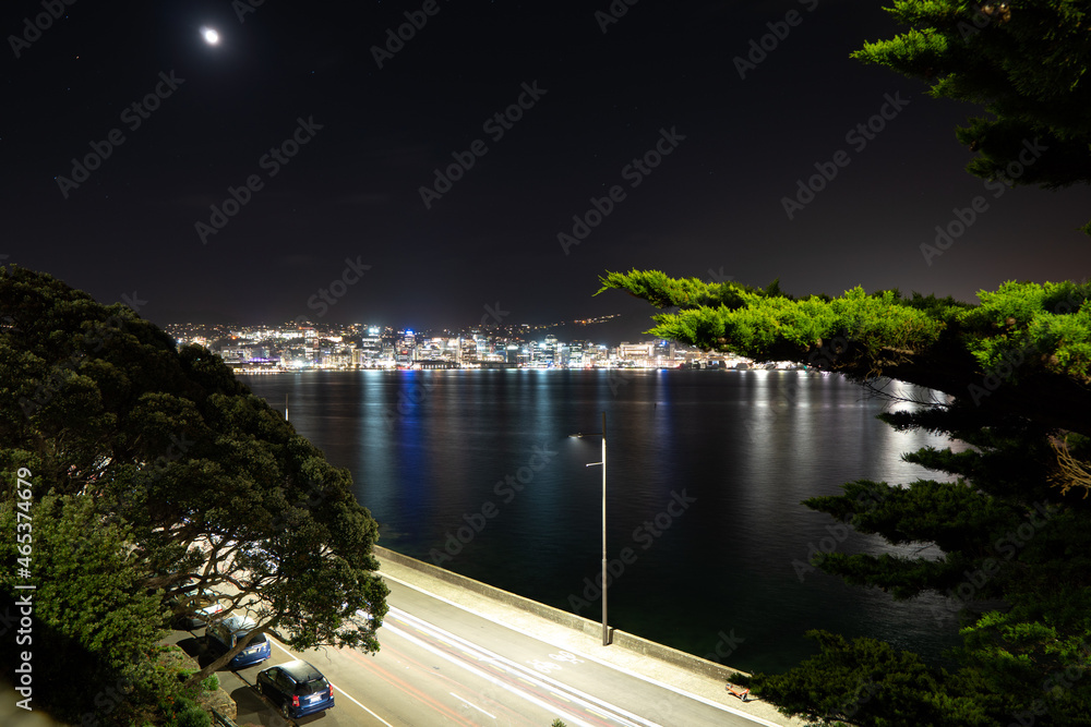 City harbor lights of Wellington with lights reflection. New Zealand