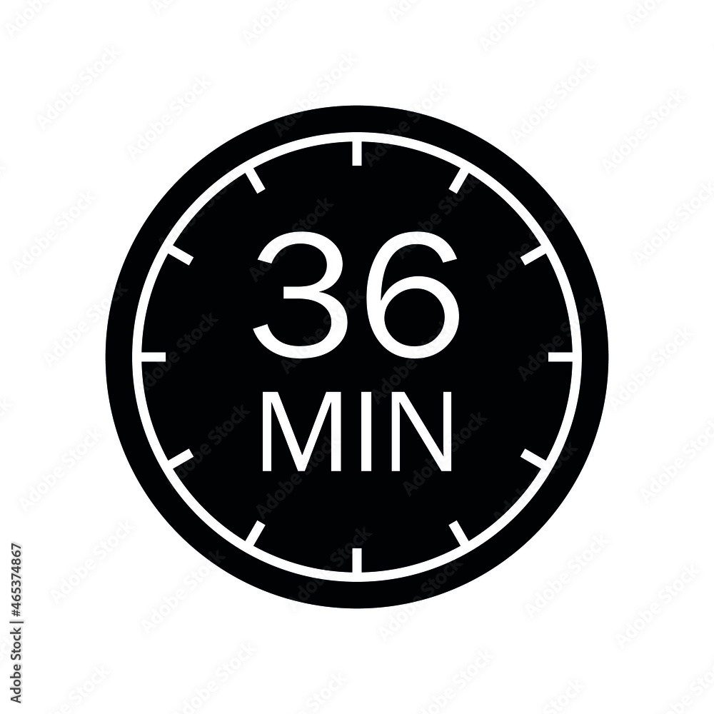 36 minutes icon. Symbol for product labels. Cooking time, cosmetic or chemical application time, sport time. Vector illustration
