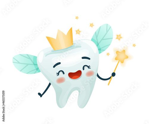 Cute tooth fairy character with magic wand. Oral care, mouth hygiene, teeth restoration concept cartoon vector illustration