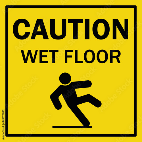 Caution wet floor symbol. Informational warning sign. Falling Man in Triangle. Slip person. Vector illustration on white background