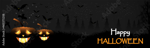 Happy halloween celebration banner with realistic pumpkin and hounted house