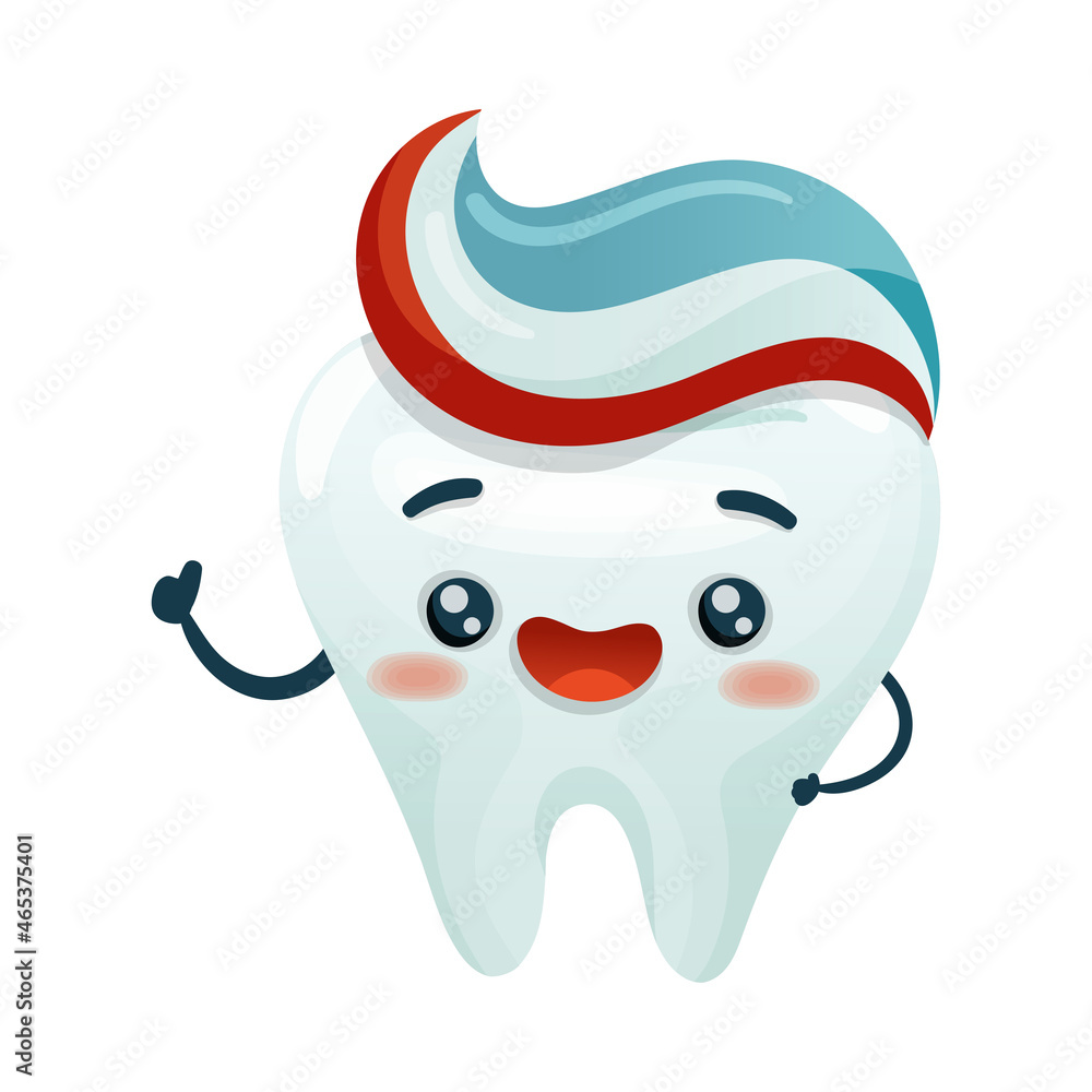 Cute happy tooth character with toothpaste. Oral care, mouth hygiene, teeth restoration concept cartoon vector illustration Cute happy tooth character with toothpaste. Oral care, mouth hygiene, teeth restoration concept cartoon vector illustration