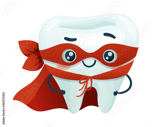 Cute happy tooth superhero character in red cape and mask. Oral care, mouth hygiene, teeth restoration concept cartoon vector illustration