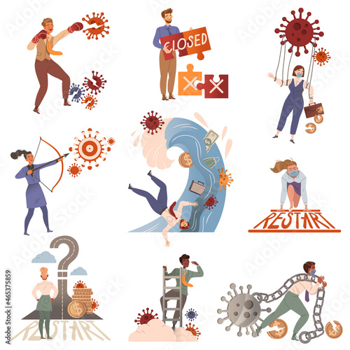 Entrepreneurship during Coronavirus pandemic set. and Business people overcoming financial difficulties vector illustration