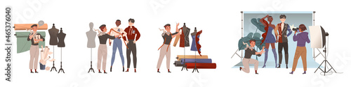 Man Fashion Designer or Tailor with Fitting and Measuring Clothing Garment Model Vector Illustration Set