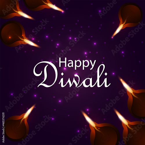 Happy diwali festival of light greeting card with diwali diya on purple background