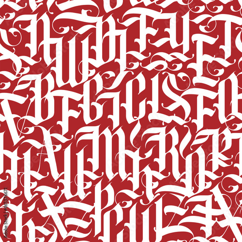 Seamless pattern of capital Gothic letters. Repeating background with ornate Latin letters. Suitable for wallpaper  wrapping paper  fabric. Vector texture of english alphabet letters on a red backdrop