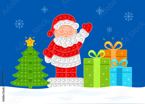 Santa Claus with gifts and a Christmas tree is standing and waving. New Year's theme. Anti-stress toy.