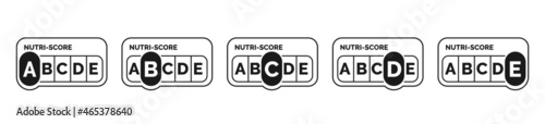 Nutri-score black icons set : A, B, C, D, E. Isolated Nutriscore label for packaging on white background. Food rating system outlined symbols. Vector illustration.