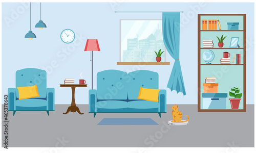 Cozy apartment interior with a sofa and a view from the window. The cat is sitting on a robot vacuum cleaner