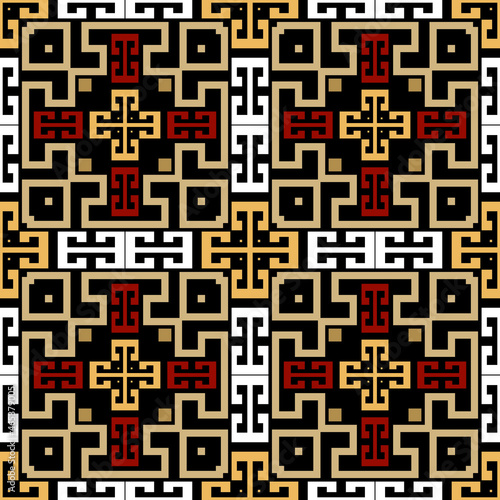 Colorful tribal ethnic seamless pattern. Vector plaid tartan background. Greek key, meanders. Square frames, borders, symbols, lines, mazes. Abstract geometric traditional ornaments. Endless texture