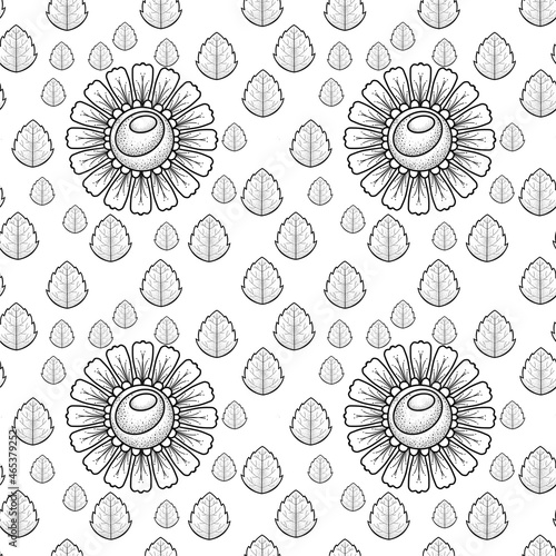 Monochrome illustration, decorative daisies with leaves, seamless pattern on a white background