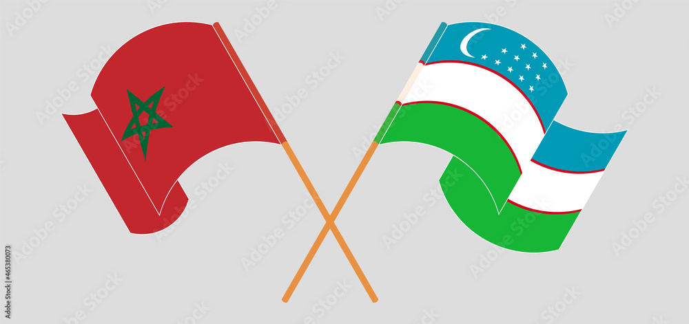 Crossed and waving flags of Morocco and Uzbekistan Crossed and waving flags of Morocco and Uzbekistan