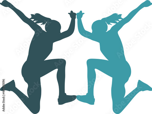 logo gimnasio. dos siluetas de mujeres saltando enfrentadas. logo, fondo transparente