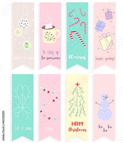 Christmas gift tags, bookmark set incartoon style. Holiday celebration banner background. Vector isolated set. Banner, poster, greeting card. White background. 